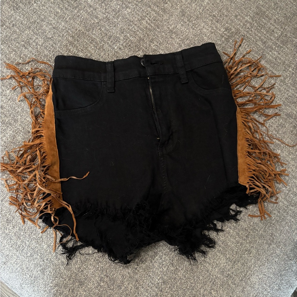 Fringe Black & Brown High Waisted Shorts NWOT